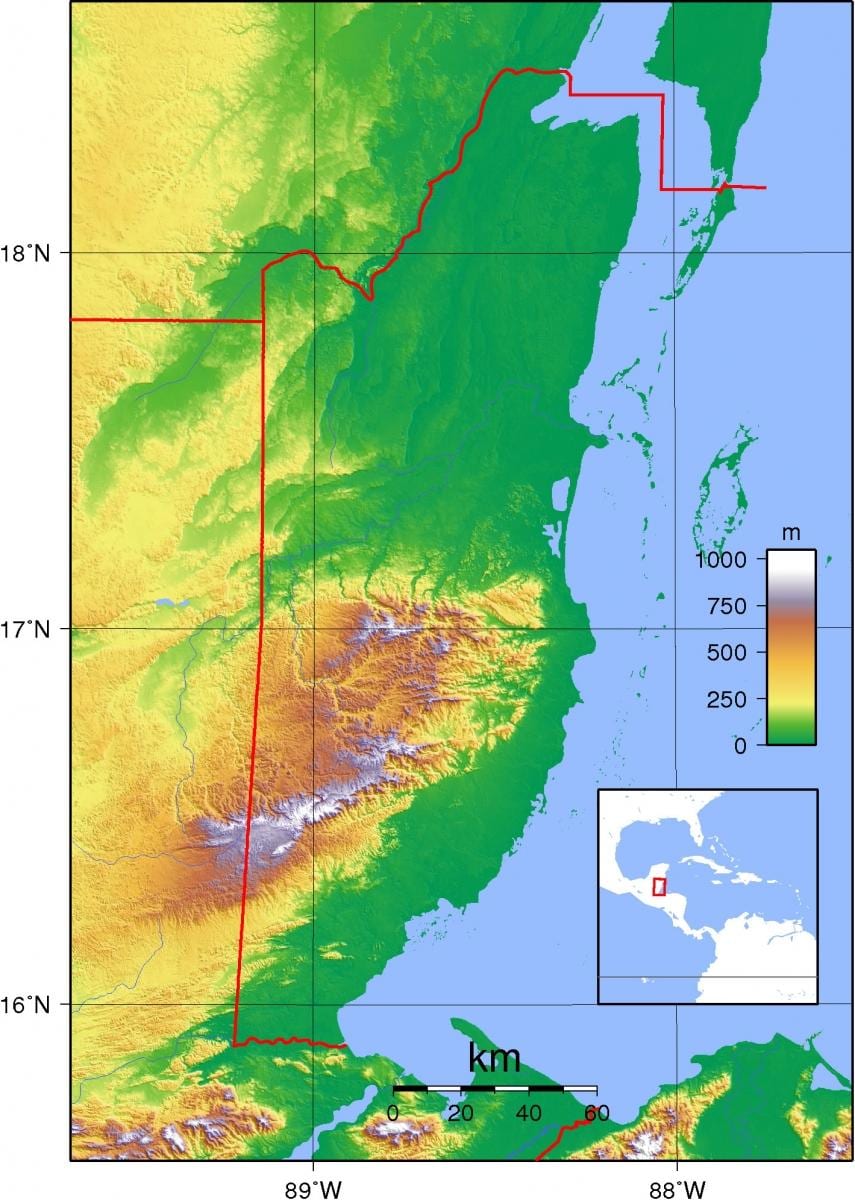 Kaart van Belize hoogte