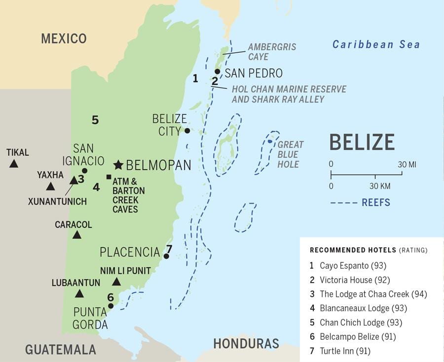 Kaart van Belize stranden